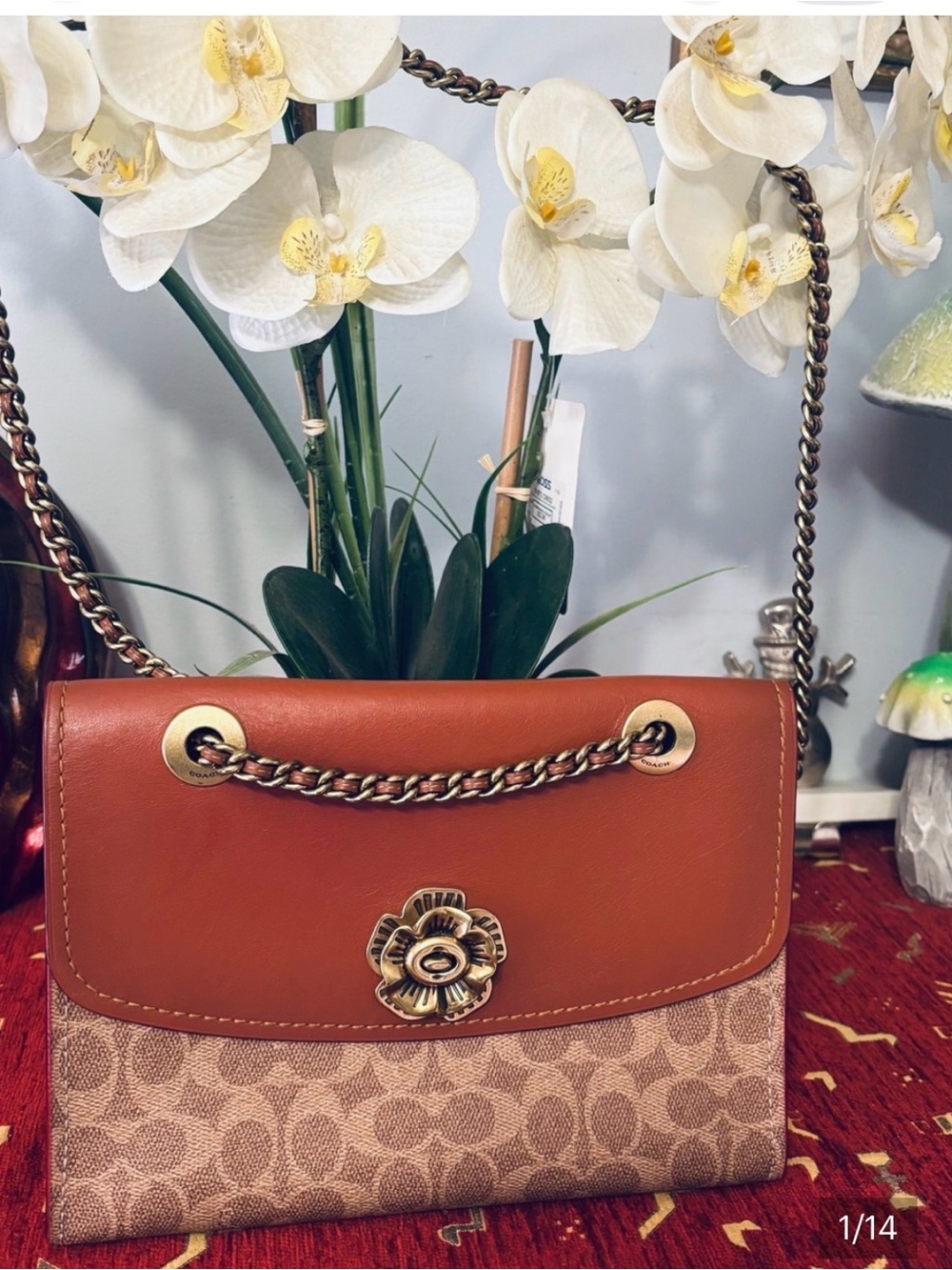 Coach Tan and Saddle Floral Turnlock Crossbody Bag